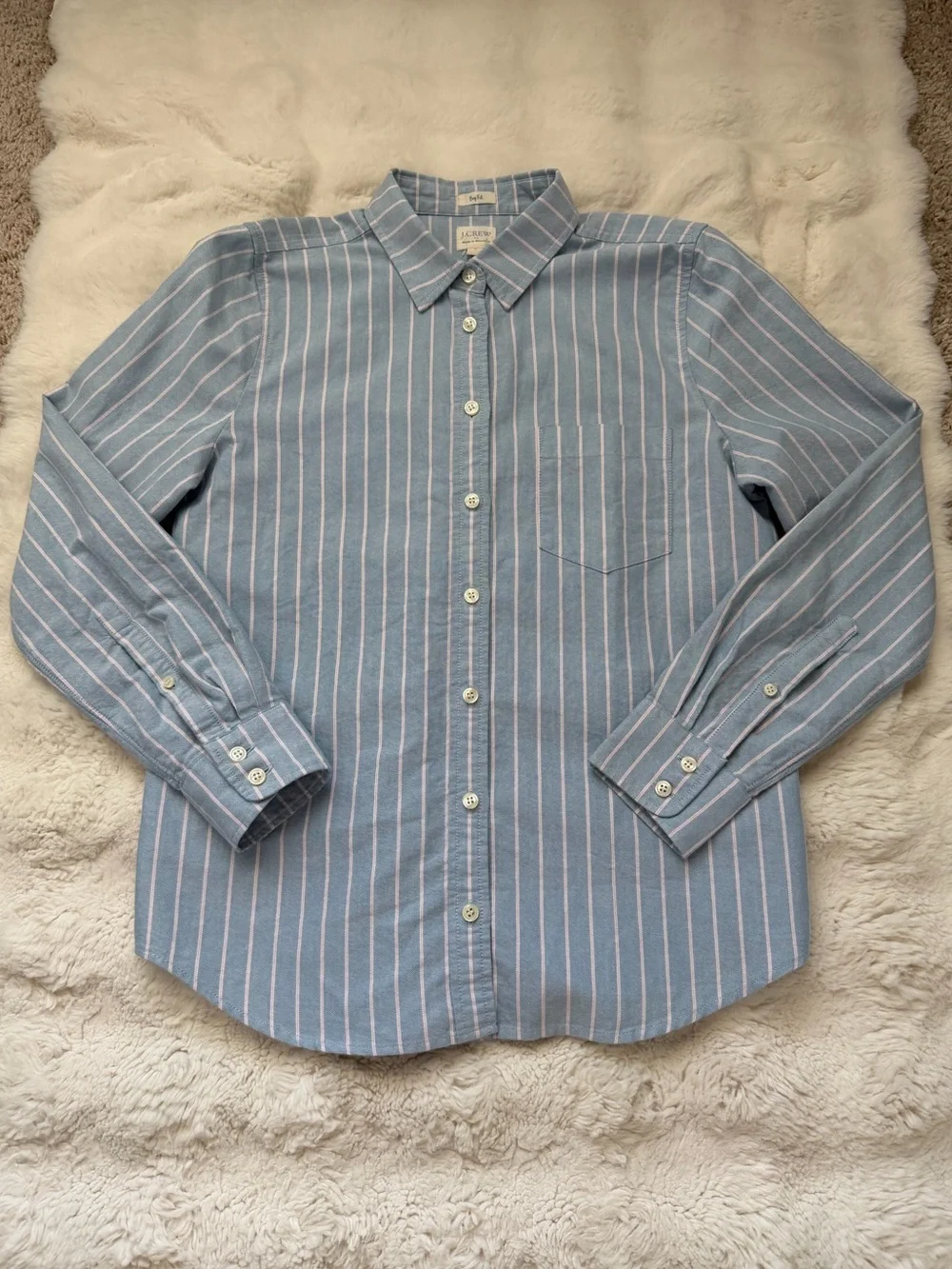 J. Crew Boy Fit Cotton Sky Blue and Pink Stripe Women’s Button-Down Shirt - S